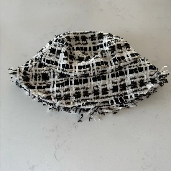 Anthropologie OS Plaid Tweed Bucket hat with Black White Metallic Lurex Gold - Picture 5 of 8